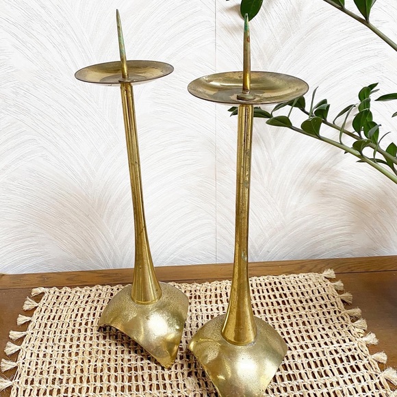 Vintage Brass Mid Century Modern Candle Holder Set Unique Boho Eclectic Decor